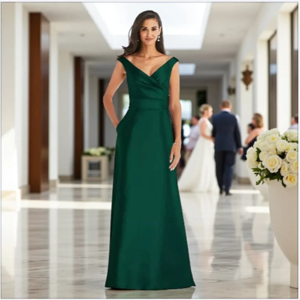 Alfred Sung Off-the-Shoulder Draped Wrap Satin Maxi Dress, Hunter Green Size 14 - Picture 3 of 7